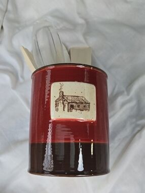 Red and Brown Ceramic Utensil Holder with Cabin Motif